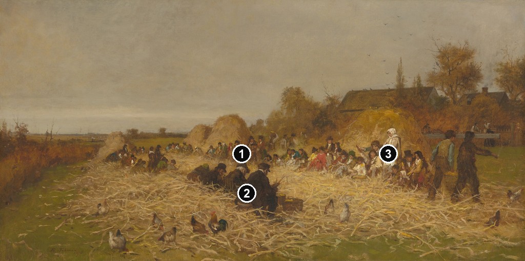 Annotated details from Husking Bee, Island of Nantucket by Eastman Johnson